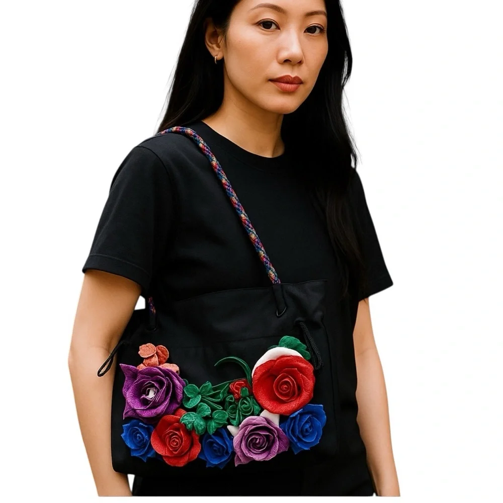 Dan W Black Nylon and Leather Floral Oversized‎ Tote 1990's Statem Bag Vintage